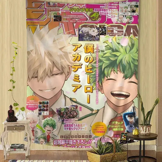 A vibrant full color my hero academia wall tapestry featuring two smiling anime characters for home decor