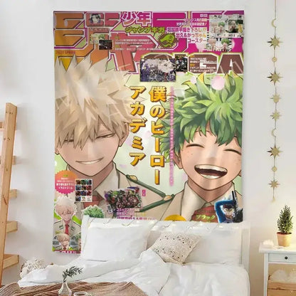 Vibrant pink and green hero academia wall tapestry featuring two smiling spiky-haired characters printed on fabric for home decor
