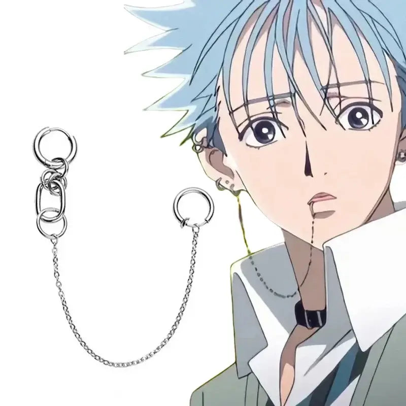 Silver chain lip clip earring with interlocking rings and dangling link from nana okazaki shinichi punk chain set