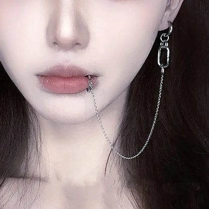 Silver chain lip clip earring by nana okazaki shinichi with intricate metal clasp and dangling link design punk chain set