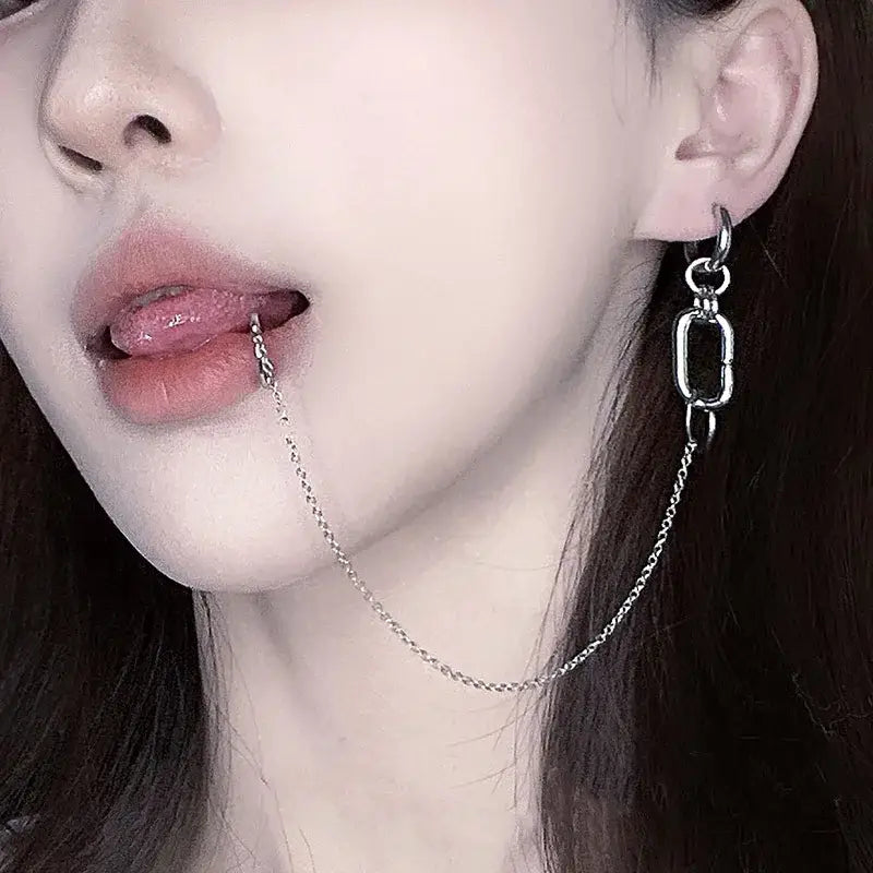 Silver chain lip clip earring with rectangular link design and dangling chain from nana okazaki shinichi punk set