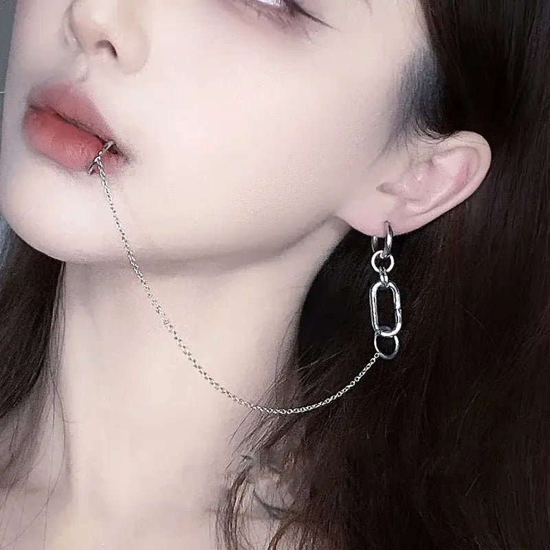 Silver chain choker lip clip earring with dangling link design from nana okazaki shinichi punk chain set