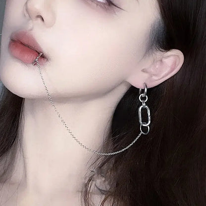 Silver chain choker lip clip earring with dangling link design from nana okazaki shinichi punk chain set