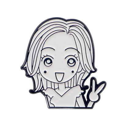 White nana oosaki enamel lapel pin featuring a cartoon blonde girl making a peace sign in black outlines