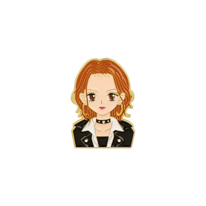 Nana oosaki enamel lapel pin featuring a gold-toned metal badge of a cartoon girl in a leather jacket and choker