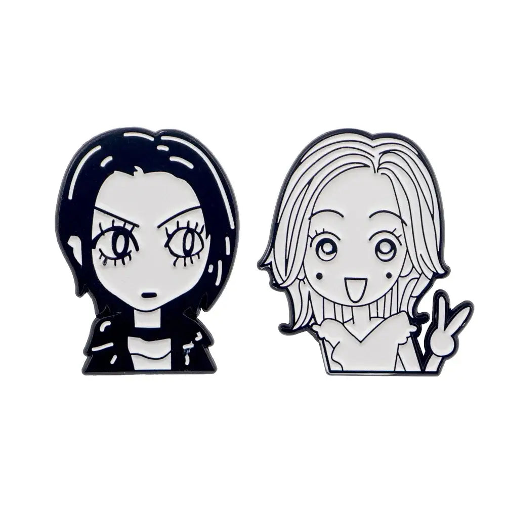 Two black-and-white cartoon-style female character enamel lapel pins featuring nana oosaki enamel metal badges