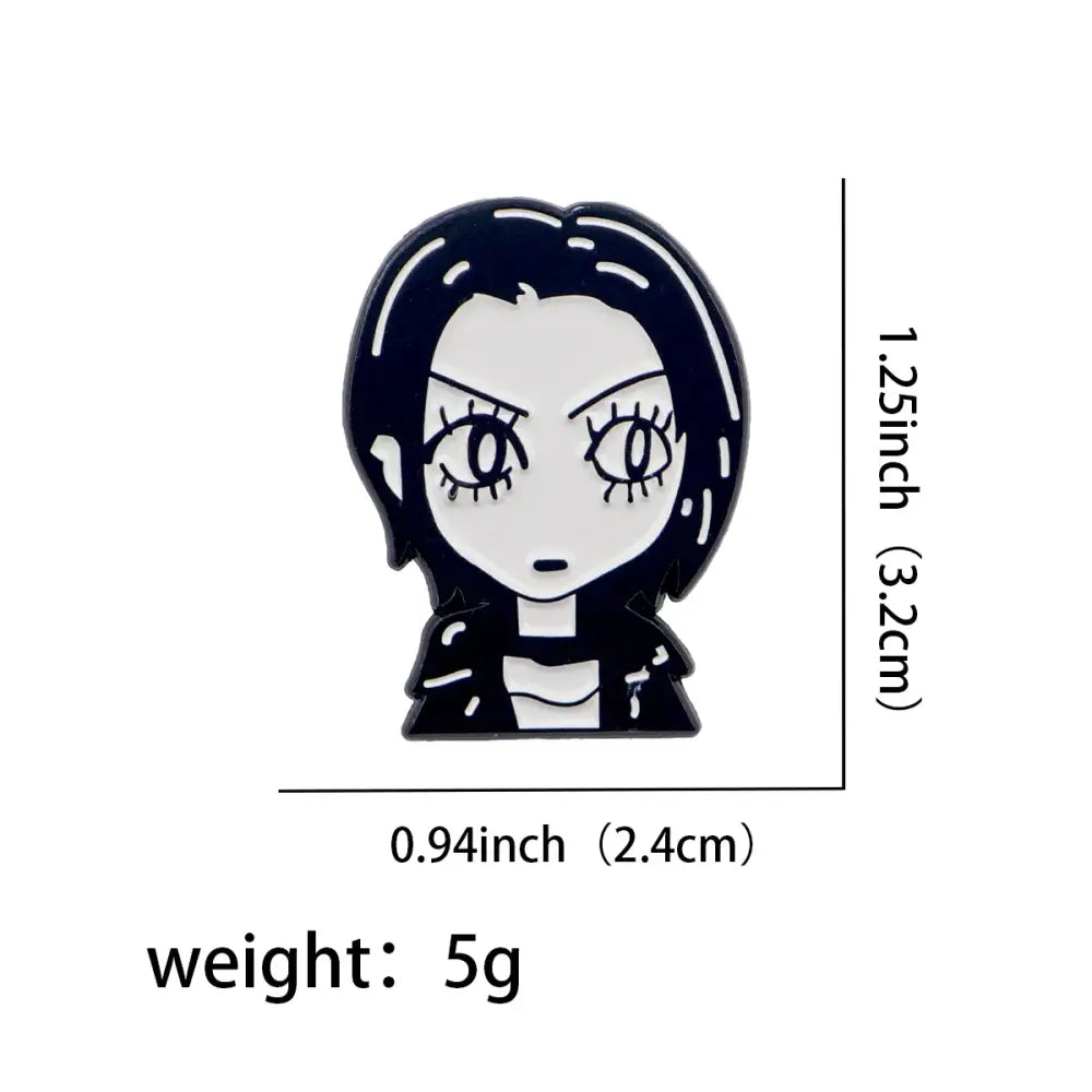 Black and white cartoon style nana oosaki enamel lapel pin featuring short hair character wearing a jacket metal badge