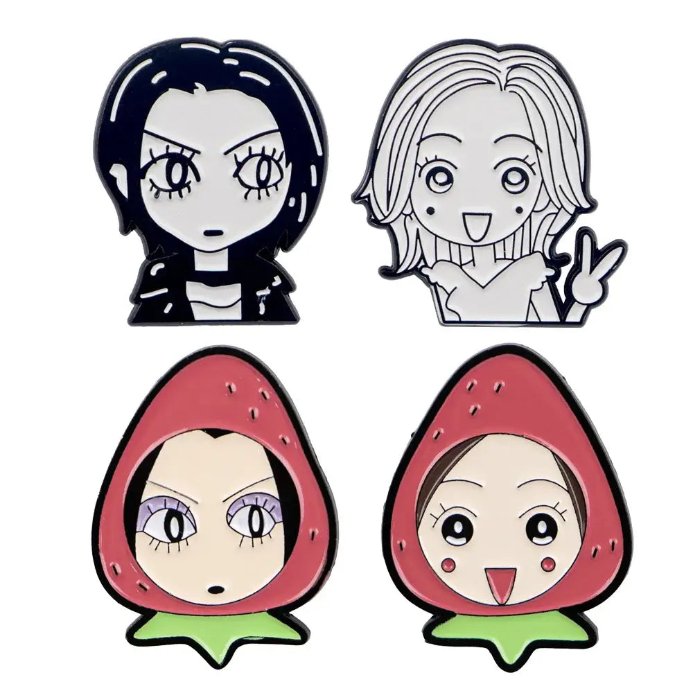 Set of four nana oosaki enamel lapel pins featuring black and white anime faces with red strawberry designs