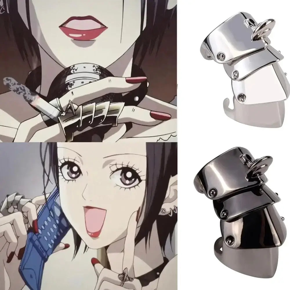 Shiny metallic multi-layered punk armor ring with segmented design and visible screws for gothic style