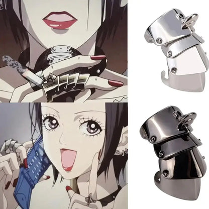 Shiny metallic multi-layered punk armor ring with segmented design and visible screws for gothic style