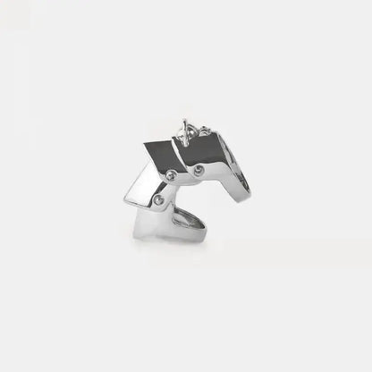 Silver metallic punk armor ring with bold angular stacked plates and rivets in multi layer metal gothic design
