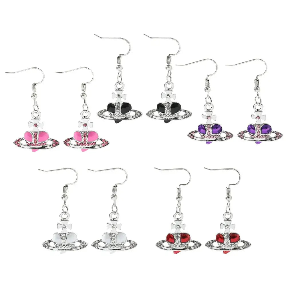 Silver plated saturn planet earrings with colorful enamel hearts and pink black purple white red rhinestone accents
