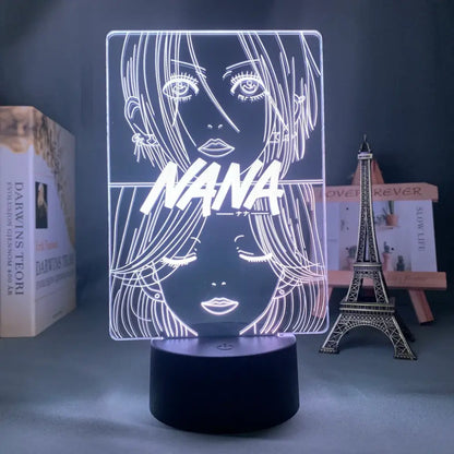 Nana Osaki 3D LED night light remote control lamp glowing line-art portrait with bold white lettering on dark background