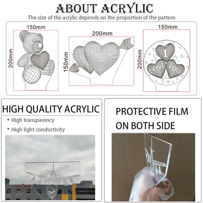 Clear acrylic wireframe teddy bears hearts and airplane designs on nana osaki 3d led night light manga table lamp