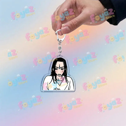 Clear acrylic nana osaki chibi keychain with long black hair and white top cute bag charm accessory