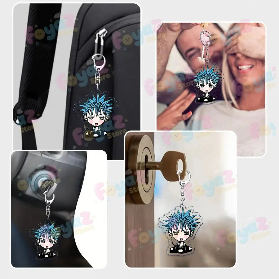Nana osaki chibi acrylic keychain featuring a blue spiky-haired character in black and white outfit bag charm