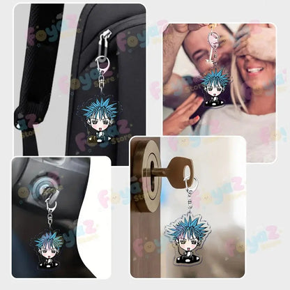 Nana osaki chibi acrylic keychain featuring a blue spiky-haired character in black and white outfit bag charm