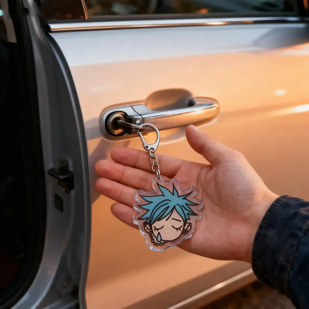Nana osaki chibi acrylic keychain in translucent blue with silver ring and chain as a stylish bag charm