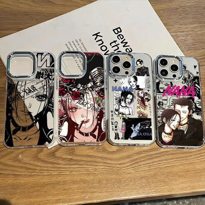 Four transparent soft cover nana osaki phone cases with colorful and black-and-white anime artwork designs on the back side