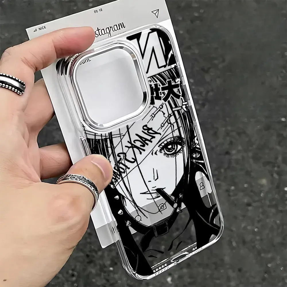Clear soft cover nana osaki phone case with black and white anime style graphic of stylized female character on back