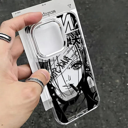Clear soft cover nana osaki phone case with black and white anime style graphic of stylized female character on back