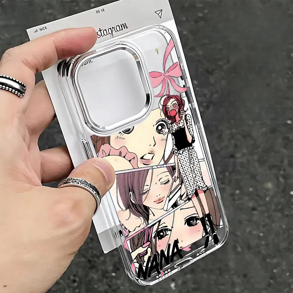 Clear soft cover nana osaki phone case with colorful anime faces and pink bows for iphone 13 pro max back view