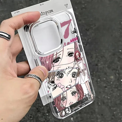 Clear soft cover nana osaki phone case with vibrant pink-haired anime characters on transparent material back side view