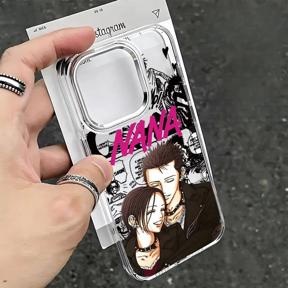 Clear soft cover nana osaki phone case with black and white anime illustration and pink nana text showing two characters