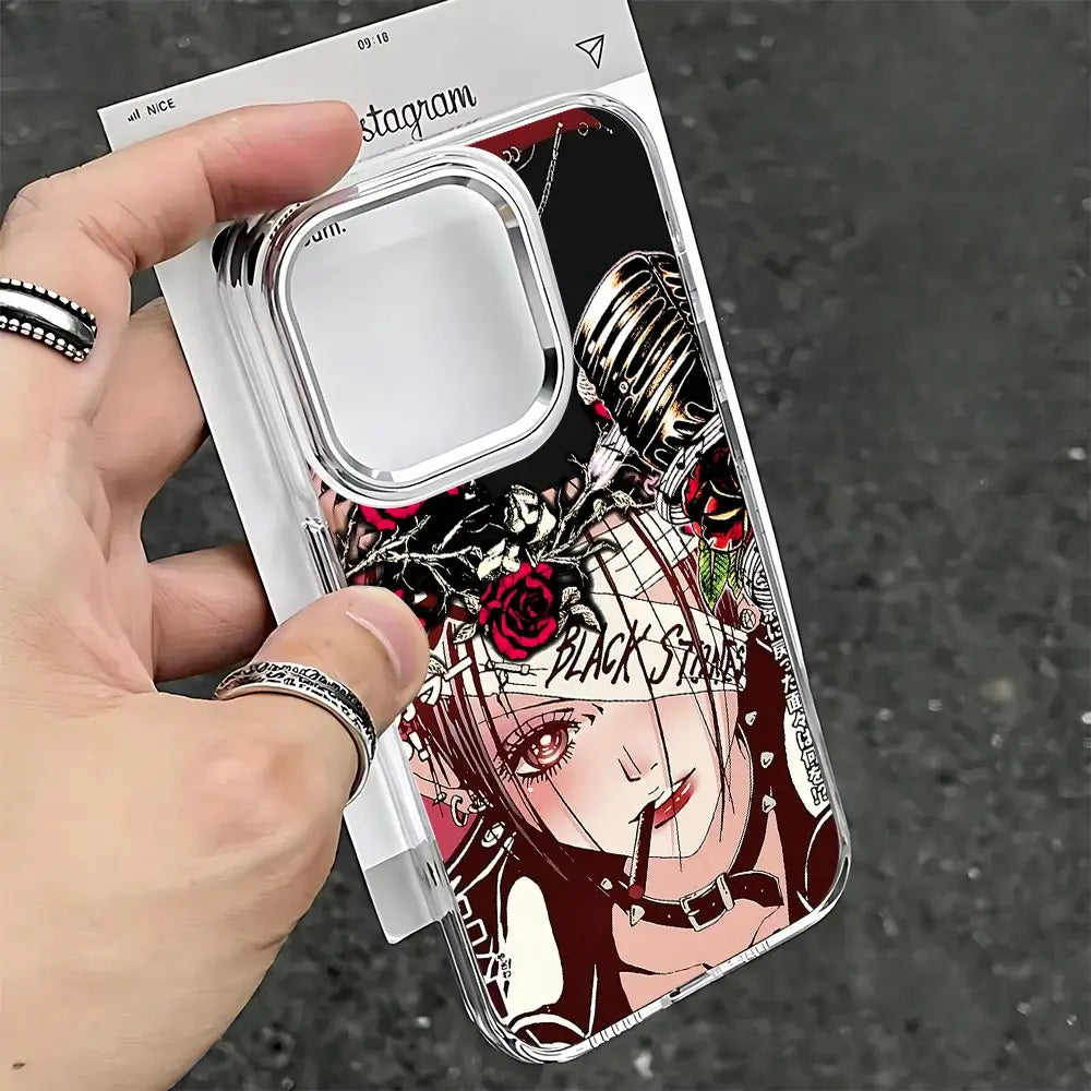 Clear soft cover nana osaki phone case with black and red anime girl wearing roses and black stars text on forehead