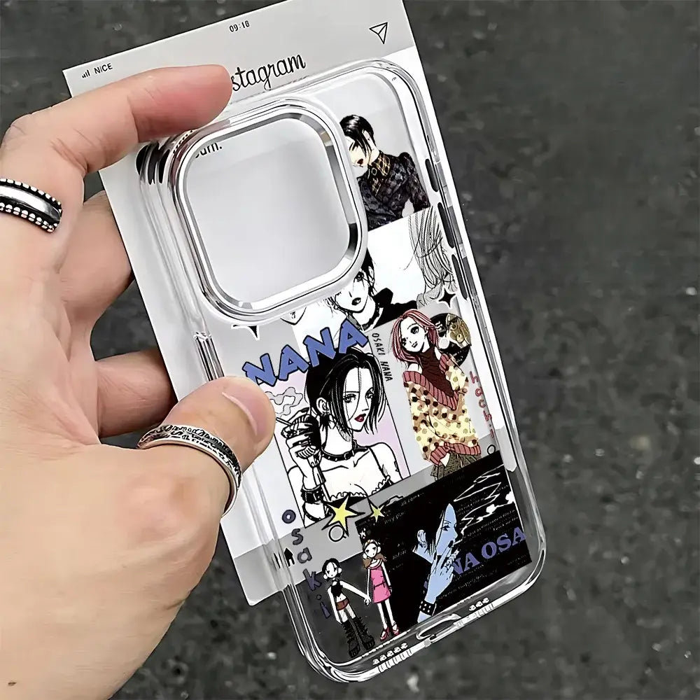 Clear soft cover nana osaki phone case featuring black and white anime illustrations with blue and yellow accents on back for iphone
