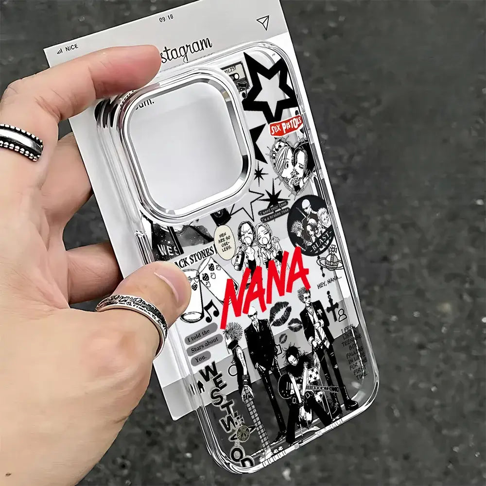 Clear soft cover osaki phone case featuring black and white band illustrations with bold red nana text on the back side