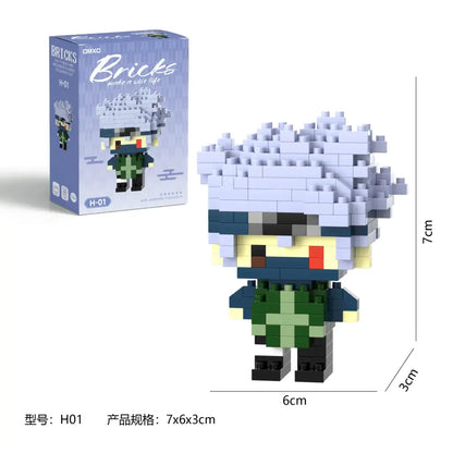 A pixelated naruta akatsuki building block figurine with white hair green and black outfit and red eyes made of plastic bricks