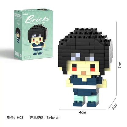 Pixelated naruta akatsuki figurine with black hair red eyes in blue and white building blocks cartoon model set