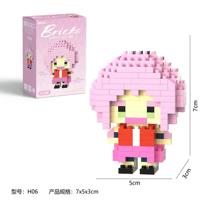 Pink pixelated naruta akatsuki building block figurine with voluminous hair in colorful outfit made of building blocks