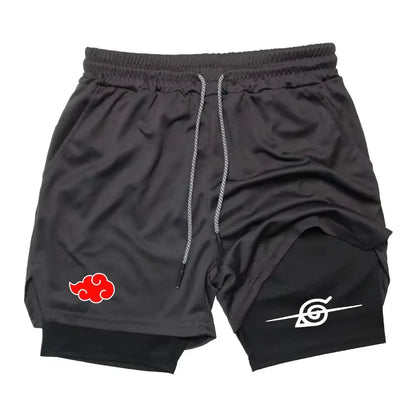 Black Naruto 2-in-1 gym shorts with breathable fabric, double layers, red cloud emblem, white spiral insignia, and silver drawstrings