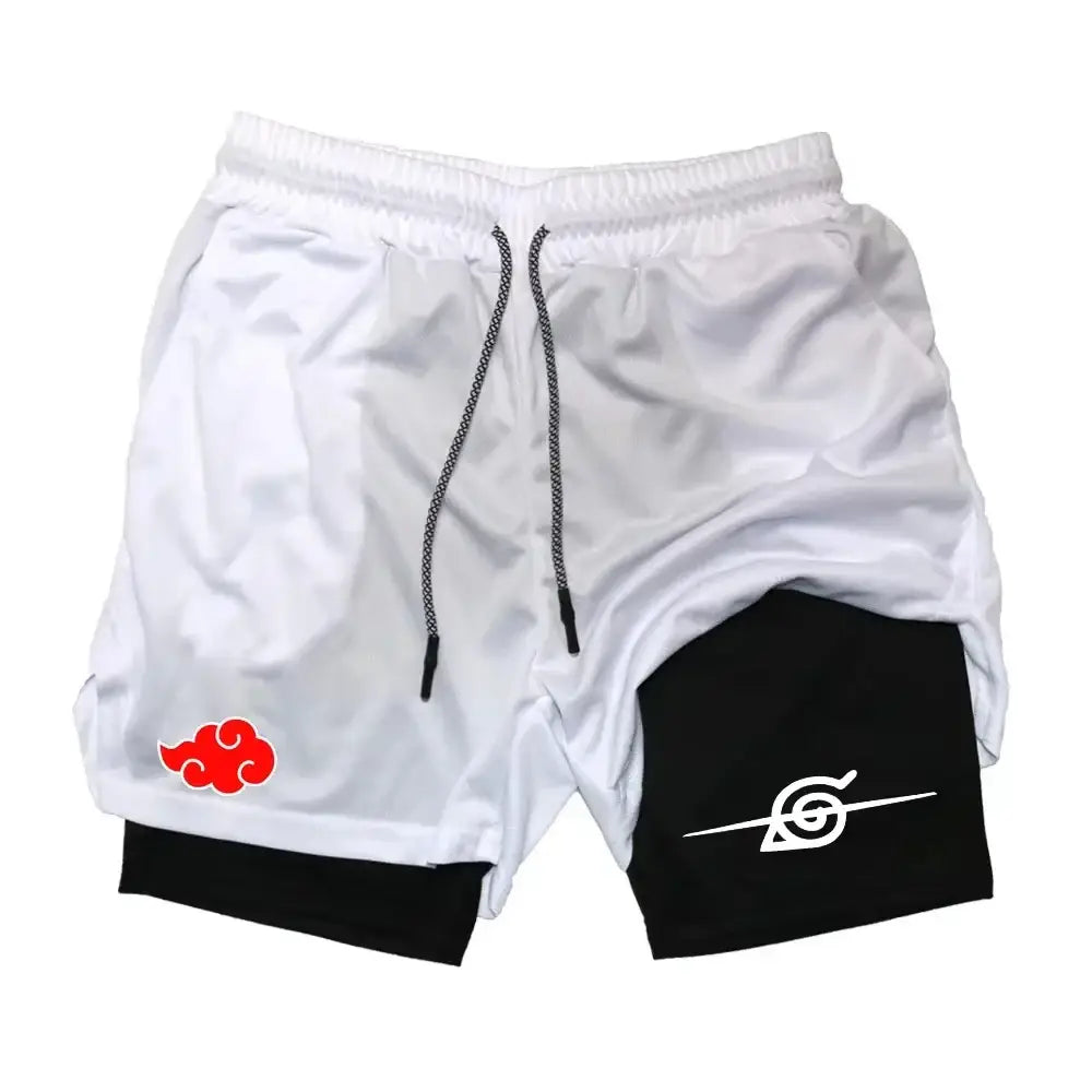 White and black naruto 2-in-1 gym shorts with red cloud and white spiral emblems breathable training shorts