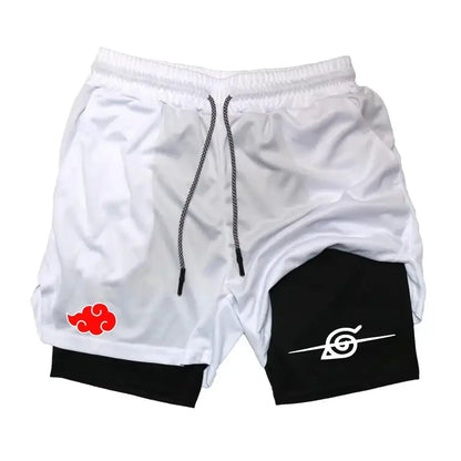 White and black naruto 2-in-1 gym shorts with red cloud and white spiral emblems breathable training shorts