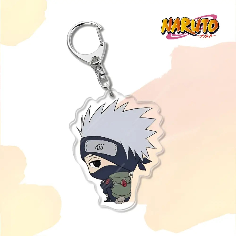 Clear acrylic naruto acrylic keychain featuring chibi kakashi hatake with silver hair as a bag charm accessory