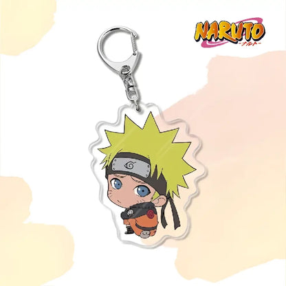Clear acrylic naruto acrylic keychain featuring chibi naruto uzumaki in orange jumpsuit as bag charm accessory