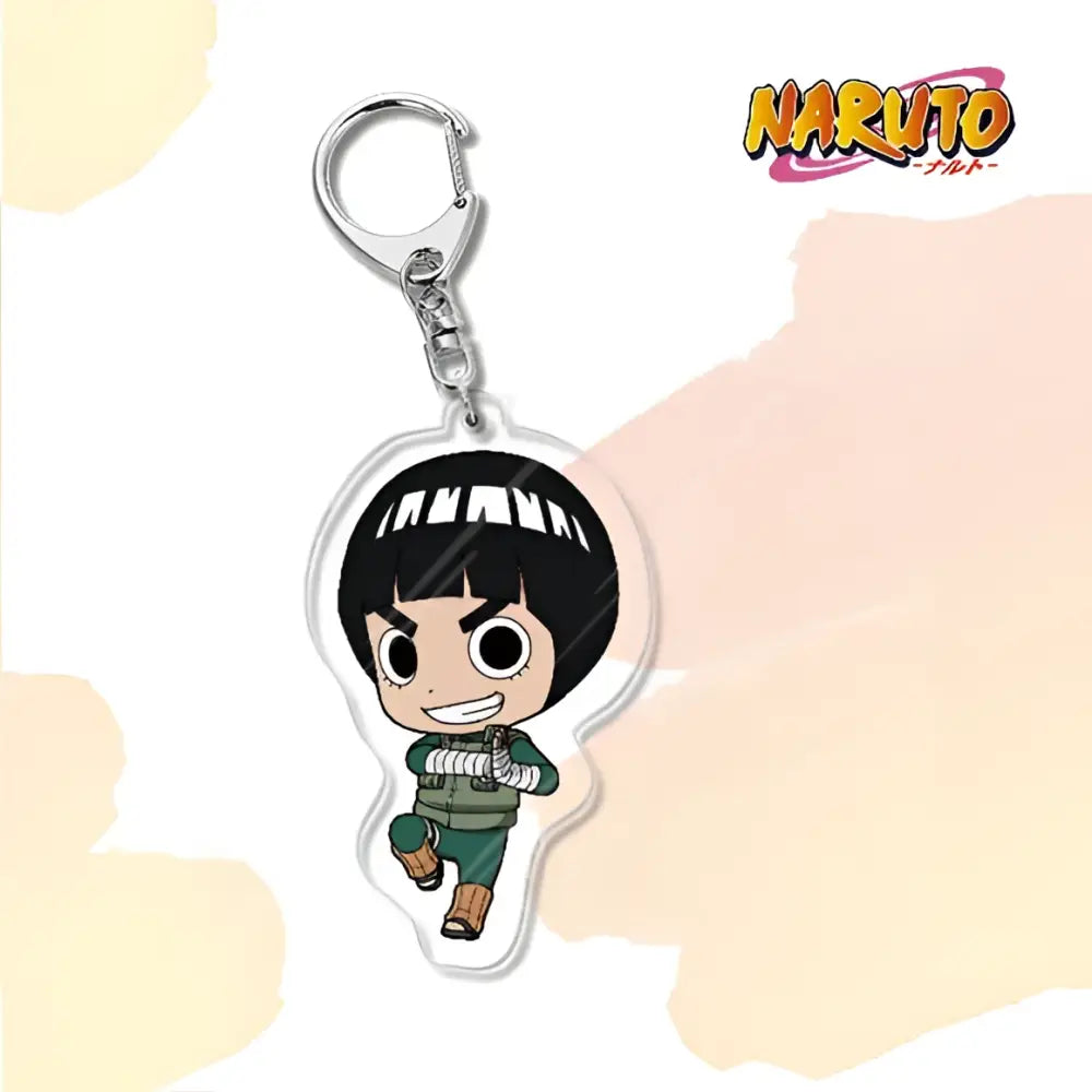 Clear acrylic naruto acrylic keychain with chibi black hair character in green outfit and white bandages bag charm accessory