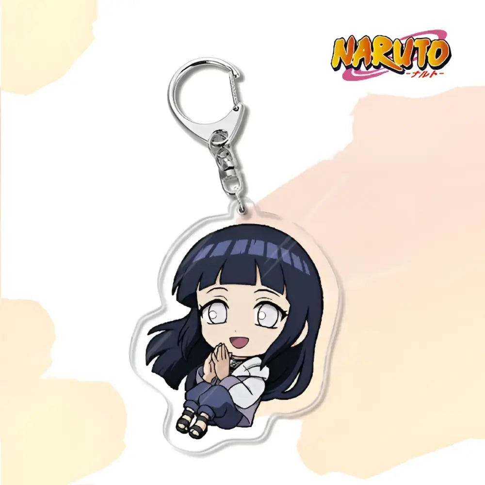 Clear acrylic naruto acrylic keychain featuring chibi hinata hyuga with dark blue hair and white eyes bag charm accessory