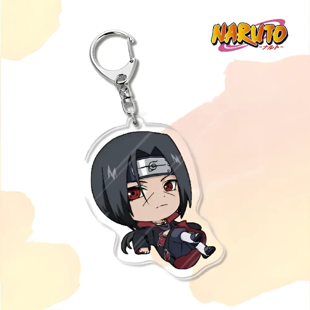 Clear acrylic naruto acrylic keychain bag charm accessory featuring chibi itachi uchiha with black hair red eyes and headband