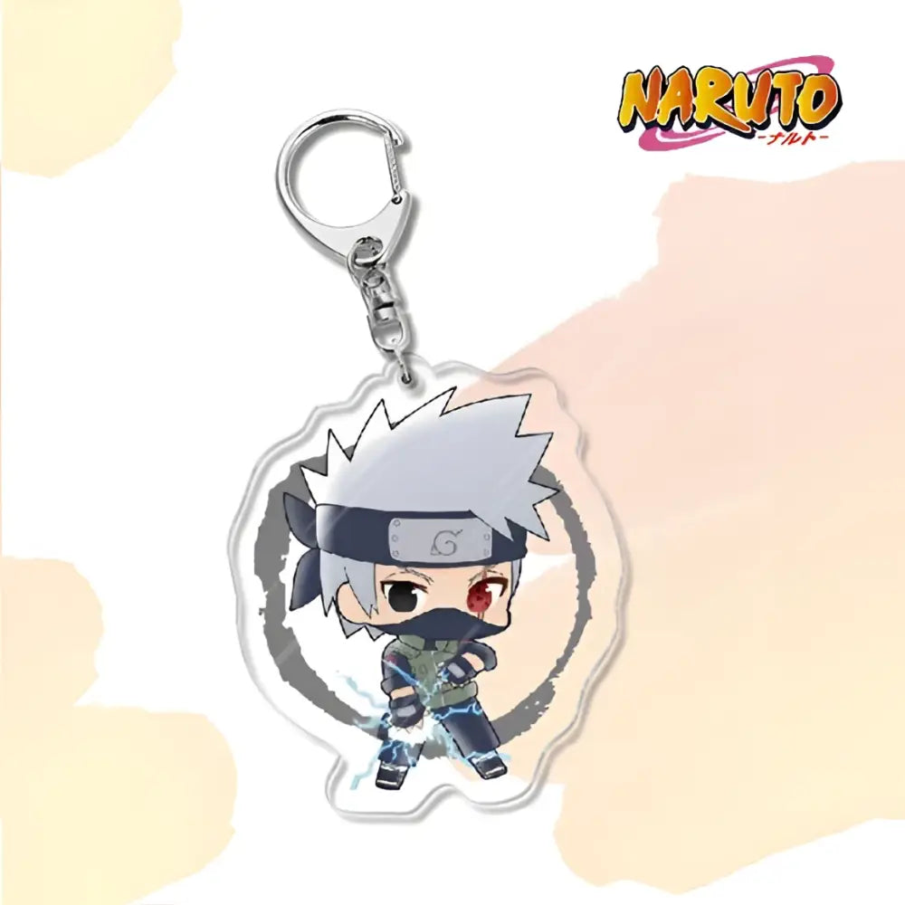Clear acrylic naruto acrylic keychain featuring chibi kakashi hatake with silver hair and blue lightning bag charm accessory