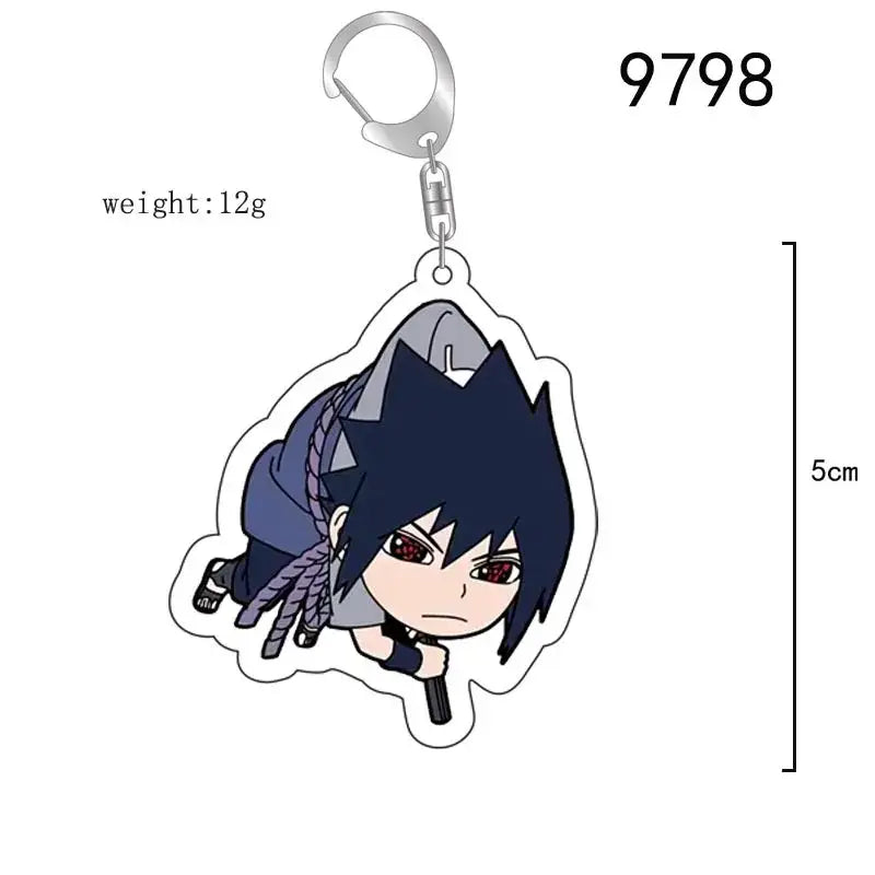 Silver-toned naruto acrylic keychain featuring chibi sasuke uchiha with dark blue hair and red eyes bag charm accessory