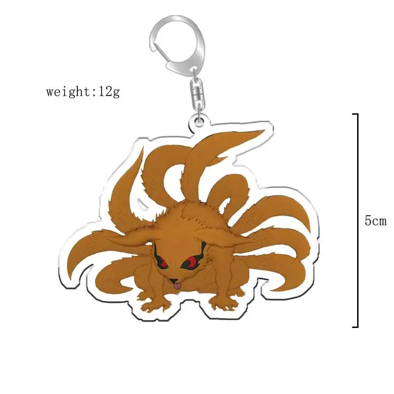 Brown nine-tailed fox naruto acrylic keychain with red eyes and silver clip bag charm accessory
