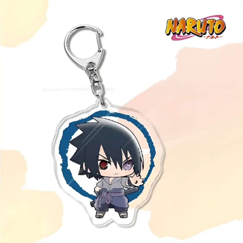 Clear acrylic naruto acrylic keychain featuring chibi sasuke uchiha as bag charm accessory in grey and blue colors