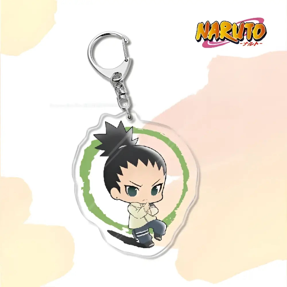 Clear acrylic naruto acrylic keychain featuring chibi shikamaru nara with green eyes on circular green background bag charm accessory