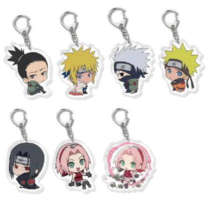 Set of six chibi-style naruto acrylic keychains with silver metal clasps for use as a bag charm accessory