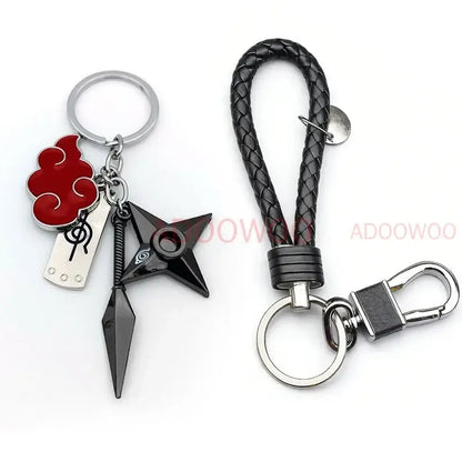 Black braided leather keychain with silver metal clasp and ring for naruto akatsuki alloy keychain red cloud leather rope