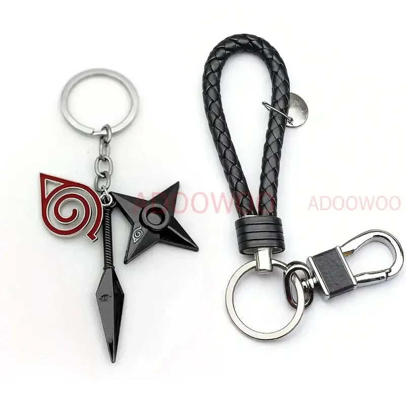 Naruto Akatsuki alloy keychain with black and red spiral emblem shuriken kunai and red cloud leather rope design